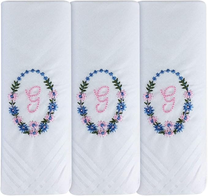 Ladies’ white cotton handkerchiefs with floral wreath initial embroidery – pack of 3 gift boxed Initial G