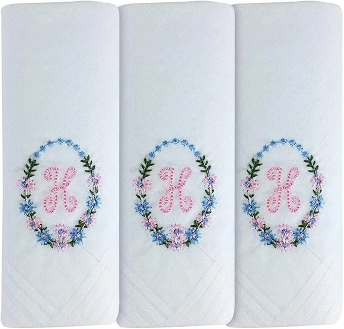 Ladies’ white cotton handkerchiefs with floral wreath initial embroidery – pack of 3 gift boxed Initial H