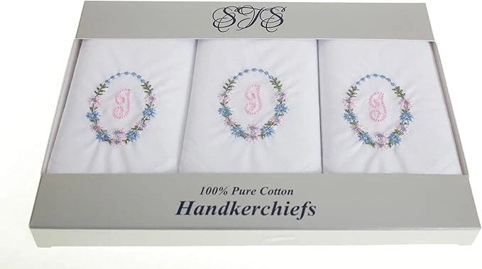 Ladies’ white cotton handkerchiefs with floral wreath initial embroidery – pack of 3 gift boxed Initial I