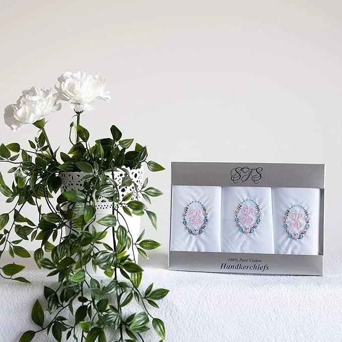 Ladies’ white cotton handkerchiefs with floral wreath initial embroidery – pack of 3 gift boxed Initial K