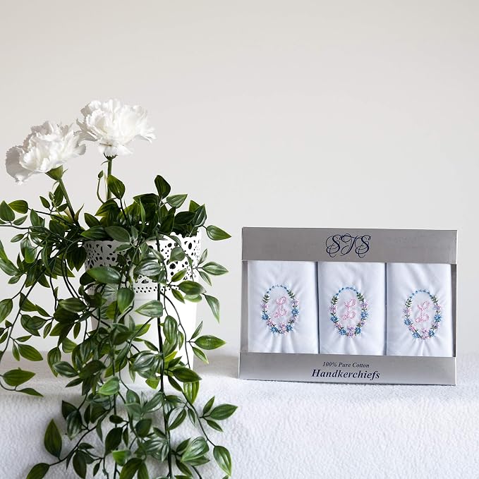 Ladies’ white cotton handkerchiefs with floral wreath initial embroidery – pack of 3 gift boxed Initial L