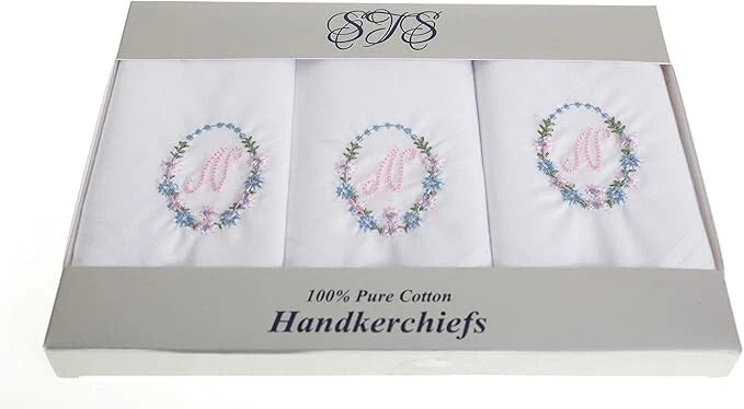 Ladies’ white cotton handkerchiefs with floral wreath initial embroidery – pack of 3 gift boxed Initial N