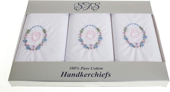 Ladies’ white cotton handkerchiefs with floral wreath initial embroidery – pack of 3 gift boxed Initial O