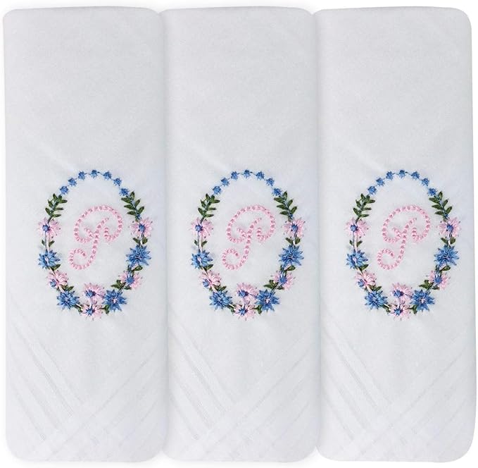 Ladies’ white cotton handkerchiefs with floral wreath initial embroidery – pack of 3 gift boxed Initial P