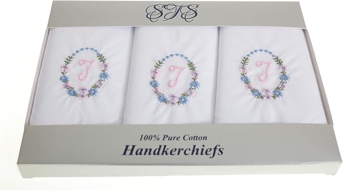 Ladies’ white cotton handkerchiefs with floral wreath initial embroidery – pack of 3 gift boxed Initial T