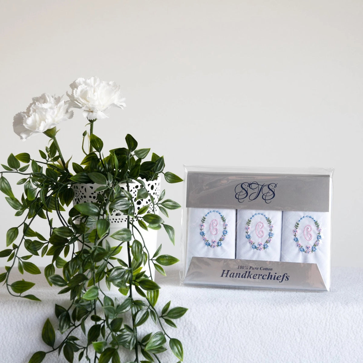 Ladies’ 100% cotton handkerchiefs with pink and blue embroidered initial C – pack of 3 gift wrapped