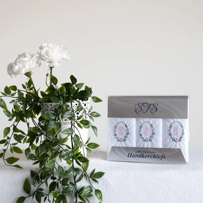 Ladies’ 100% cotton handkerchiefs with pink and blue embroidered initial E – pack of 3 gift wrapped