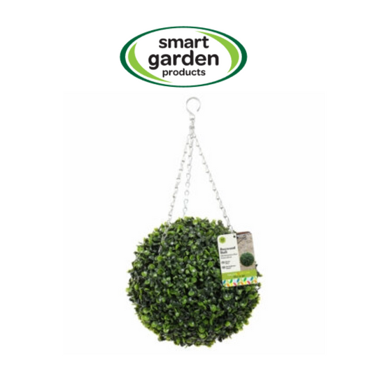 A round green artificial topiary tree hanging from a silver metal chain, with a product tag attached. The 'smart garden products' logo is displayed above on a plain white background.