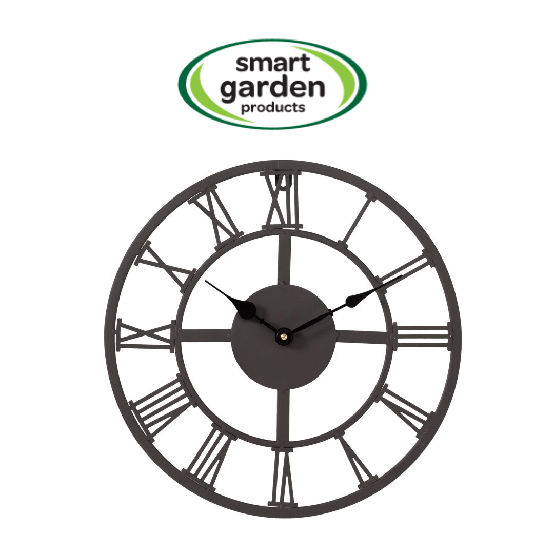 A dark gray metal wall clock with Roman numerals and black hands, shown on a white background with a 'smart garden products' logo above it.