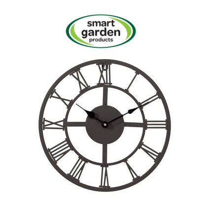 A dark gray metal wall clock with Roman numerals and black hands, shown on a white background with a 'smart garden products' logo above it.