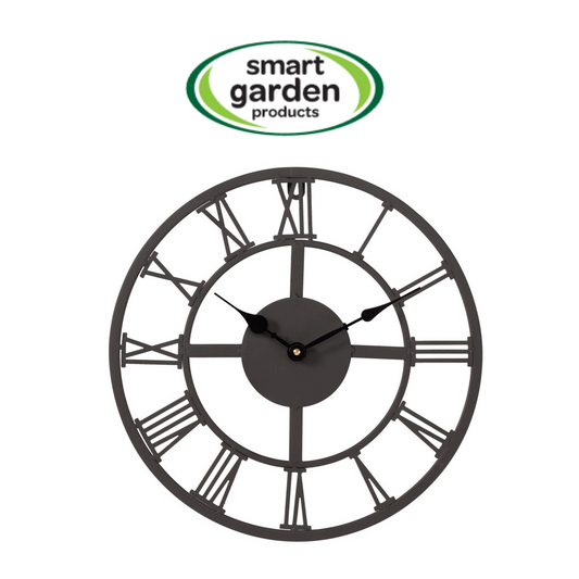 A dark gray metal wall clock with Roman numerals and black hands, shown on a white background with a 'smart garden products' logo above it.