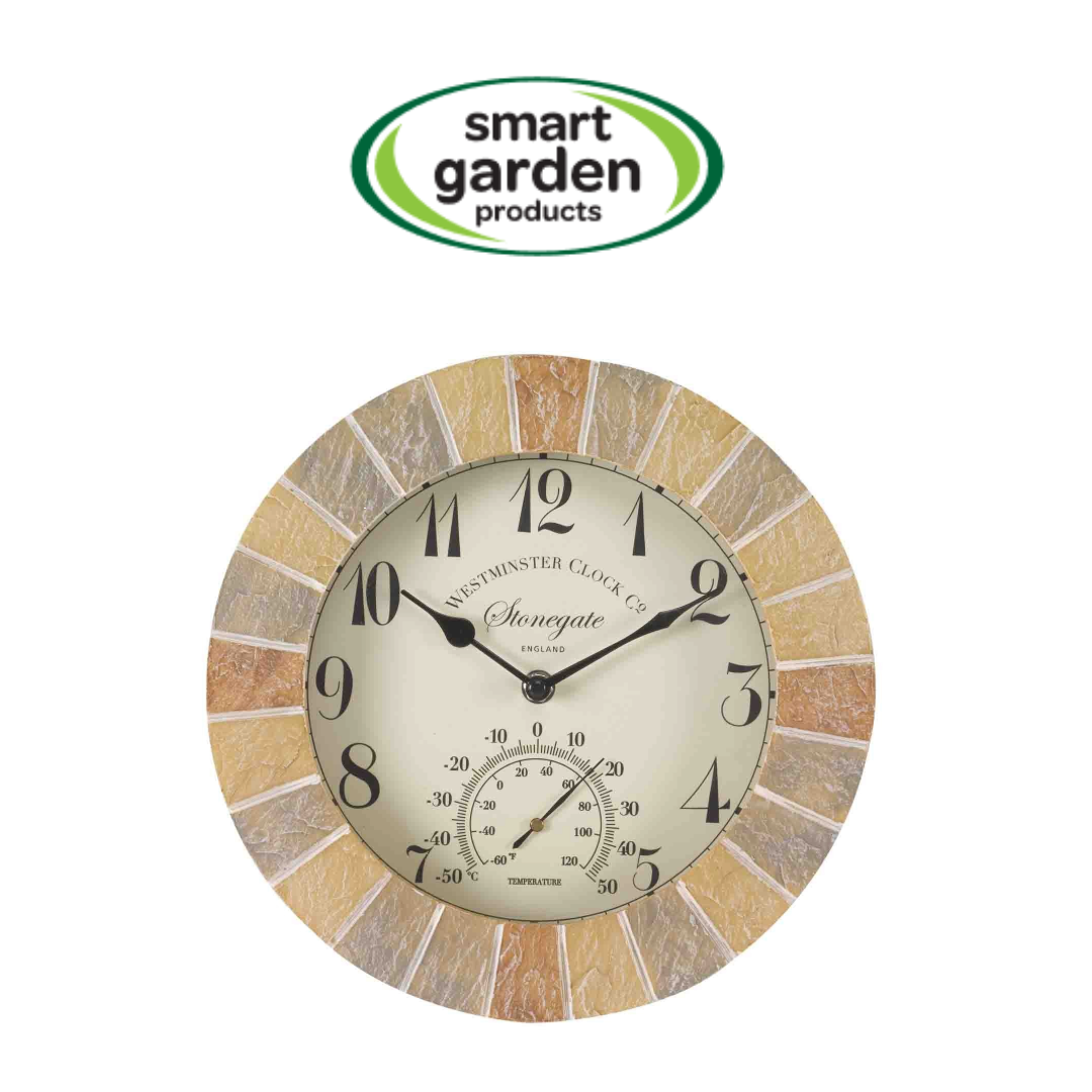 A round wall clock with a stone-look beige and brown outer ring and a cream-colored dial. The dial features black Arabic numerals, black hands, a central temperature gauge, and the text 'Winston Clock Co' and 'Honegate'.