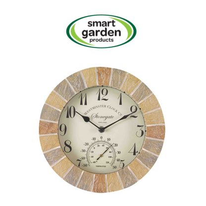A round wall clock with a stone-look beige and brown outer ring and a cream-colored dial. The dial features black Arabic numerals, black hands, a central temperature gauge, and the text 'Winston Clock Co' and 'Honegate'.