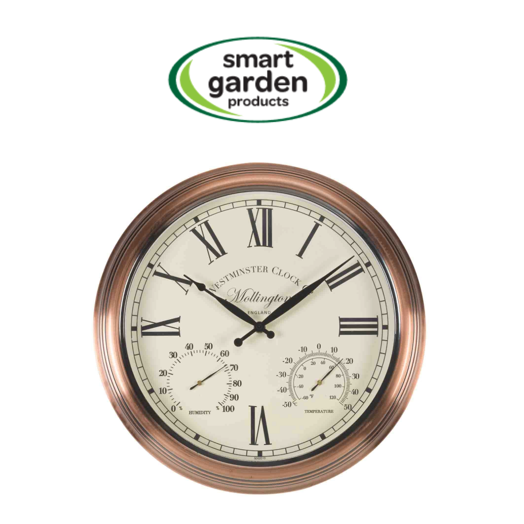 A round wall clock with a copper-toned metal frame, Roman numerals, black hands, and dual sub-dials on an off-white face. The clock is shown against a white background with a 'smart garden products' logo above it.