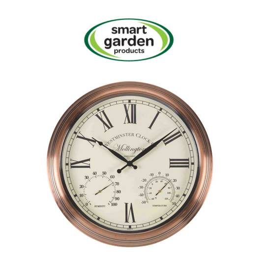 A round wall clock with a copper-toned metal frame, Roman numerals, black hands, and dual sub-dials on an off-white face. The clock is shown against a white background with a 'smart garden products' logo above it.