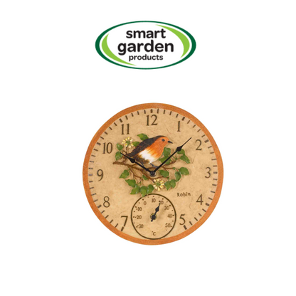 12-inch robin wall clock and thermometer with hand-painted weather-resistant polyresin finish for indoor and outdoor use