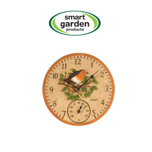 12-inch robin wall clock and thermometer with hand-painted weather-resistant polyresin finish for indoor and outdoor use