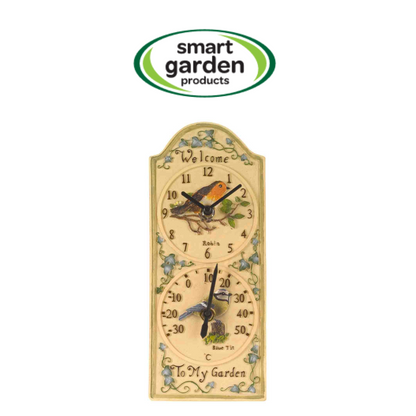 12-inch Birdberry wall clock and thermometer with weather-resistant hand-painted polyresin finish for indoor and outdoor use with smart garden logo