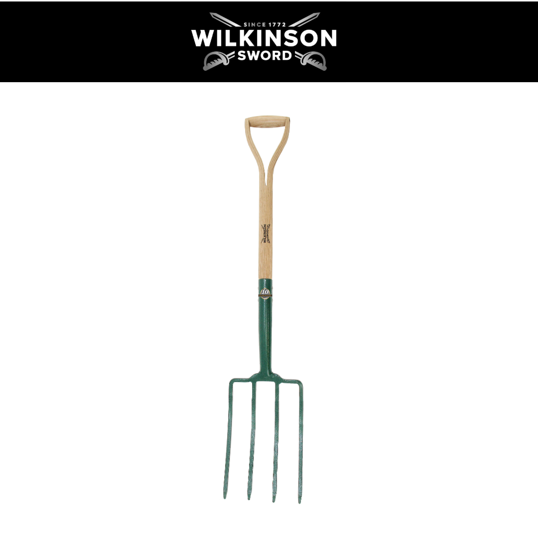 A Wilkinson garden spade with a green metal blade and a natural wood D-handle, shown against a white background with a black header featuring the Wilkinson Sword logo.