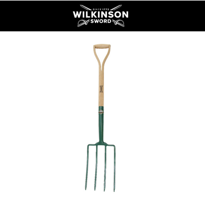 A Wilkinson garden spade with a green metal blade and a natural wood D-handle, shown against a white background with a black header featuring the Wilkinson Sword logo.
