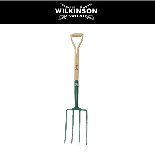 A Wilkinson garden spade with a green metal blade and a natural wood D-handle, shown against a white background with a black header featuring the Wilkinson Sword logo.