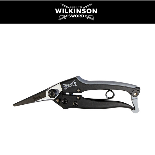 A Wilkinson garden snips pruning tool with black and gray handles and silver metal blades, shown against a white background with a black banner at the top featuring the Wilkinson Sword logo.