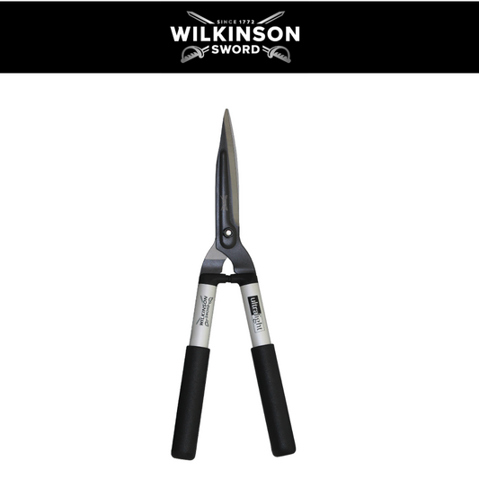 Wilkinson Sword garden shears with black handles and silver metal blades, shown against a white background with a black header featuring the Wilkinson Sword logo.
