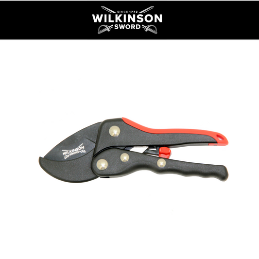 Wilkinson Sword Ratchet Anvil Pruners with ratchet mechanism and sharp anvil blade for cutting thick, tough and dead branches with ease