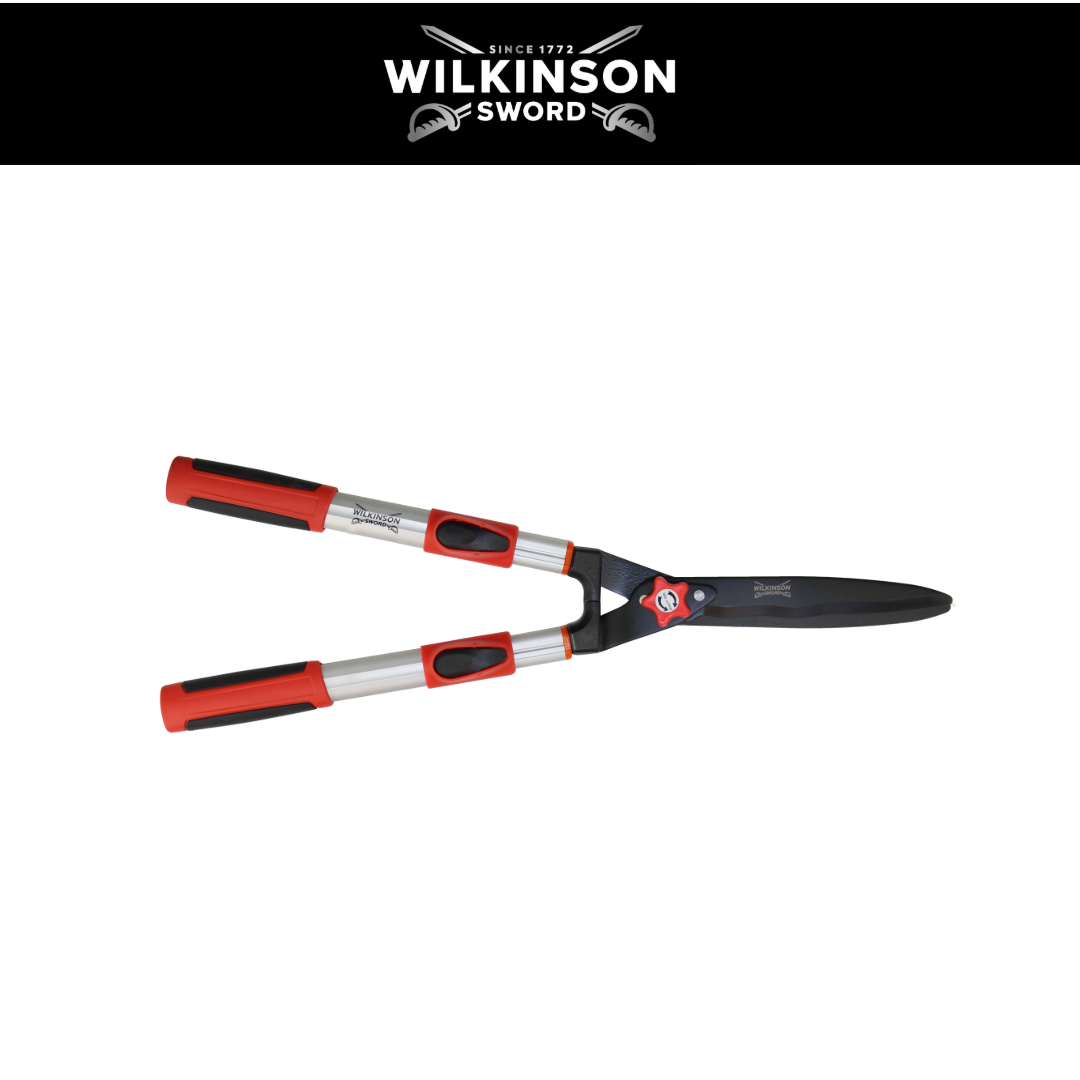 Wilkinson Sword garden shears with red and black handles and black blades, shown against a white background with a black header featuring the Wilkinson Sword logo.