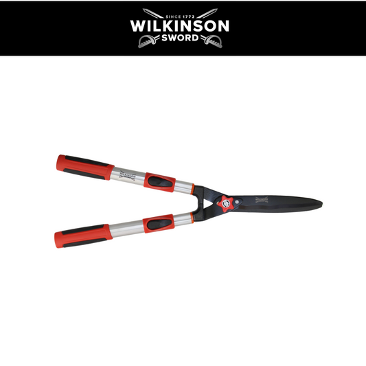 Wilkinson Sword garden shears with red and black handles and black blades, shown against a white background with a black header featuring the Wilkinson Sword logo.