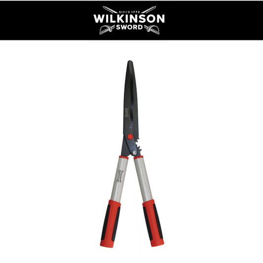 Wilkinson Sword Geared Hedge Shears with geared cutting mechanism and precision blades for trimming hedges, shrubs and bushes with long black blades and red-and-black handles, centered on a white background with a black header at the top featuring the Wilkinson Sword logo.
