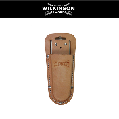 A tan leather sheath for a Wilkinson sword, featuring metal rivets and a hanging loop, shown against a white background with a black header at the top displaying the Wilkinson Sword logo.