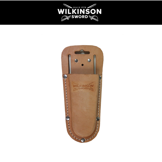 A tan leather sheath for a Wilkinson sword, featuring metal rivets and a hanging loop, shown against a white background with a black header at the top displaying the Wilkinson Sword logo.