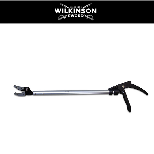 Wilkinson Sword Ultralight Long Reach Pruner for cutting high tree branches safely shown on a white background with wilkinson sword logo