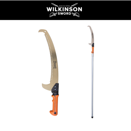 Wilkinson Sword Telescopic and Handheld Tree Branch Saw with extendable handle for cutting high branches and garden pruning on a white background with a wilkinson sword logo