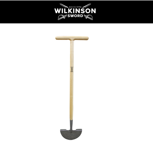 Wilkinson Sword Stainless Steel Edging Blade with T-shaped handle and tread plate for creating neat lawn and garden borders on a white background with wilkinson sword logo