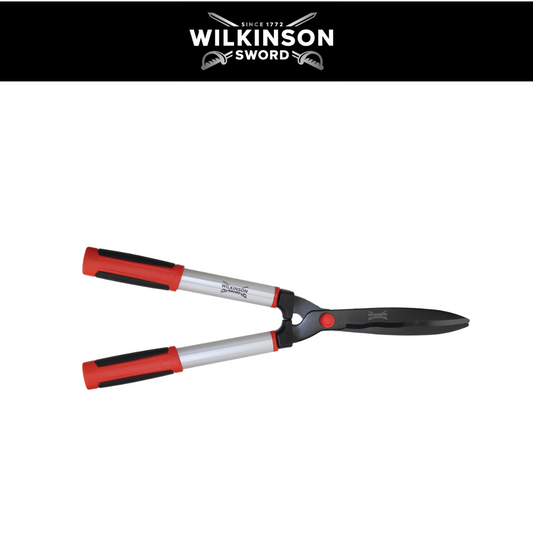 Wilkinson Sword Wavy Hedge Shears with precision wavy blades and ergonomic handles for trimming hedges, shrubs and busheswith red and black handles and silver metal shafts, shown on a white background with a black brand banner at the top.