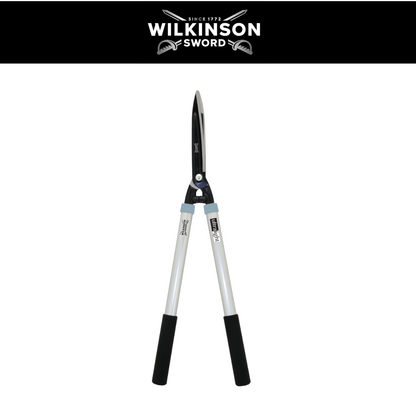 Wilkinson Sword Ultralight Hedge Shears with lightweight handles and sharp blades for trimming hedges, shrubs and garden borders with long silver metal handles and black rubberized grips, shown open against a white background with a black header featuring the Wilkinson Sword logo.