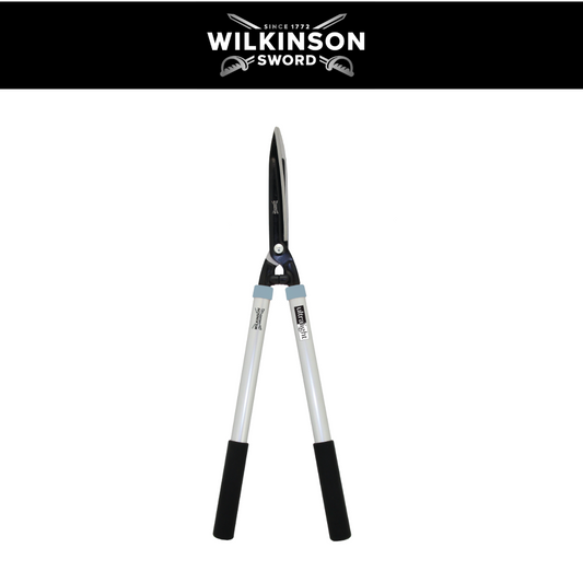 Wilkinson Sword Ultralight Hedge Shears with lightweight handles and sharp blades for trimming hedges, shrubs and garden borders with long silver metal handles and black rubberized grips, shown open against a white background with a black header featuring the Wilkinson Sword logo.
