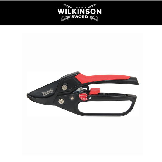 Wilkinson Sword Comfort Ratchet Pruners with ergonomic soft grip handles and ratchet cutting action for effortless branch pruning with a black metal body and red handle grip, shown against a white background with a black header featuring the Wilkinson Sword logo.