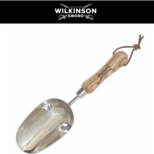 Wilkinson Sword Stainless Steel Compost Scoop with mirror polished scoop head and ash handle for distributing compost into pots and garden beds
