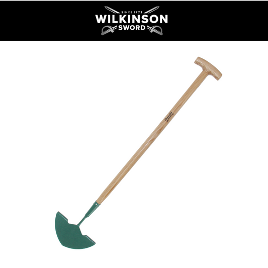 A Wilkinson T-Handle Spade shown diagonally on a white background with a black header banner at the top displaying the brand logo.