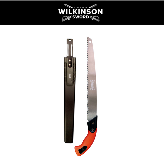 Wilkinson Sword Pruning Saw with triple-ground blade and ergonomic non-slip TPR handle. , shown next to its black sheath on a white background, with a black header banner at the top featuring the brand logo.