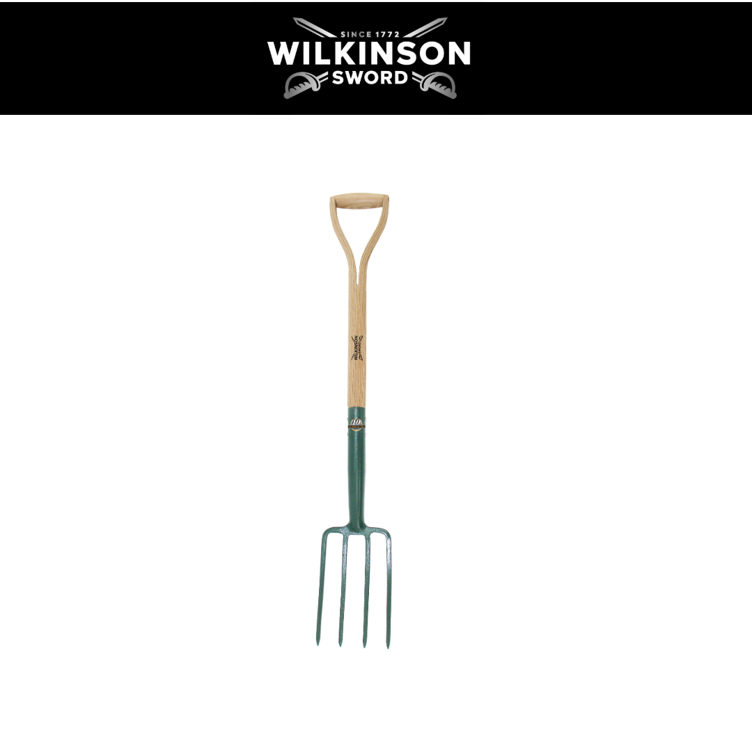 A Wilkinson garden spade with a natural wood D-handle and a dark green metal blade and tines, shown against a white background with a black header banner at the top featuring the Wilkinson Sword logo.