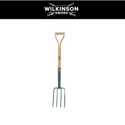 A Wilkinson garden spade with a natural wood D-handle and a dark green metal blade and tines, shown against a white background with a black header banner at the top featuring the Wilkinson Sword logo.