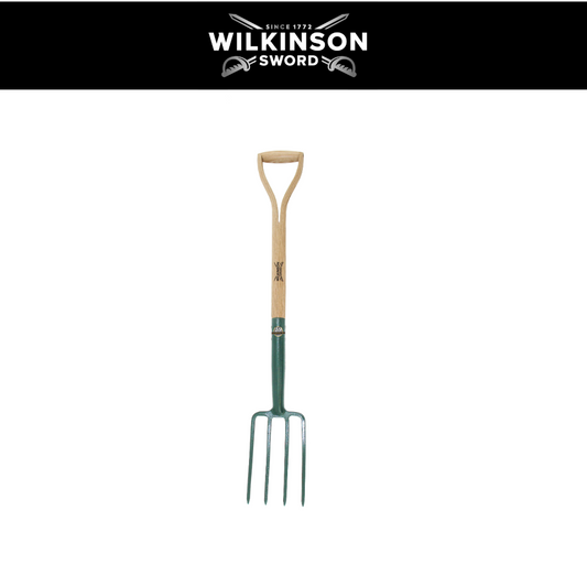 A Wilkinson garden spade with a natural wood D-handle and a dark green metal blade and tines, shown against a white background with a black header banner at the top featuring the Wilkinson Sword logo.