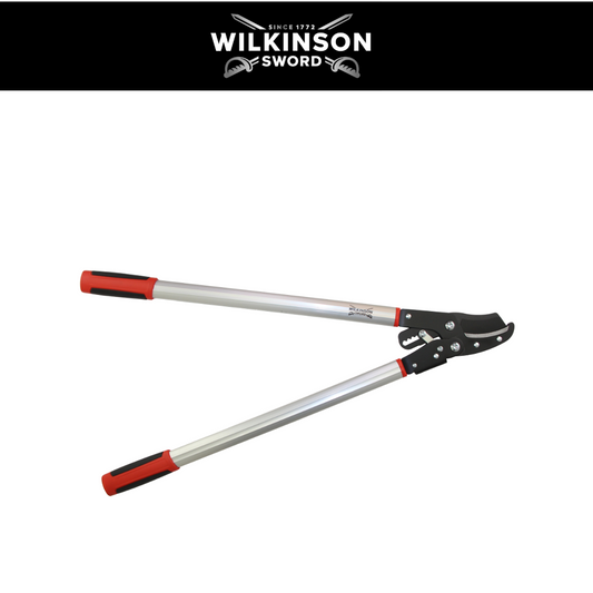 Wilkinson Sword garden shears with long silver metal handles and red and black grip accents, shown on a white background with a black header featuring the Wilkinson Sword logo.