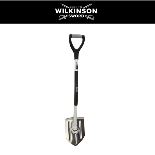 A garden spade with a black and gray D-handle, a black grip, and a silver metal blade, shown vertically on a plain white background with a wilkinson sword logo
