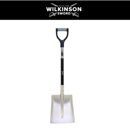 A Wilkinson Sword snow shovel with a black D-handle and a silver metal blade, shown against a white background with a black header banner at the top featuring the brand name.