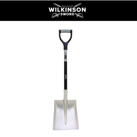 A Wilkinson Sword snow shovel with a black D-handle and a silver metal blade, shown against a white background with a black header banner at the top featuring the brand name.
